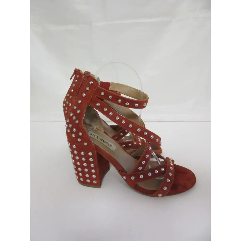 STEVE MADDEN Fara Rust Brick 7M Strappy Studded Block Heel Open Toe Sandals